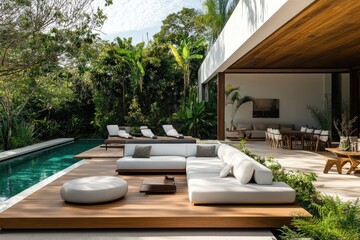 Fototapeta premium Luxury Tropical Outdoor Living Space: Modern Sectional Sofa, Pool, and Lush Greenery