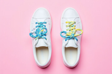 pair of white sneakers with colorful laces on a pink background