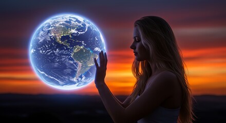 Woman Holds Glowing Earth at Sunset