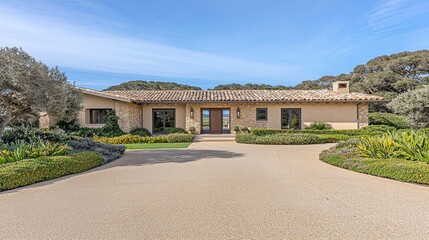 Fototapeta premium Exterior view of a stately residence with landscaped grounds.