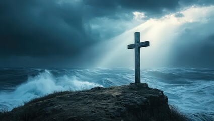 Standing Cross Overlooking Ocean Waves with Dramatic Sky