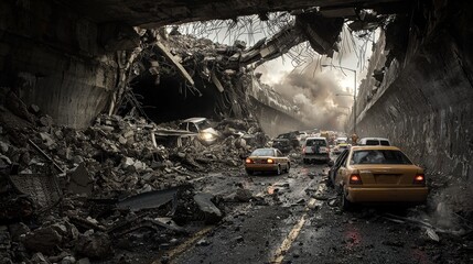 Destruction and chaos following earthquake urban area photograph post-apocalyptic ground level crisis response