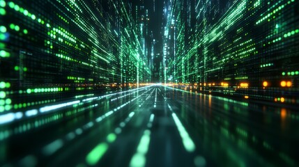 Digital Cityscape: A mesmerizing digital cityscape, where a pathway through an abstract world of binary code and luminous lines glows with ethereal energy.