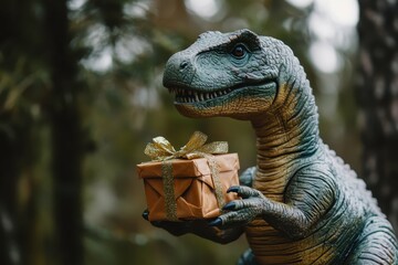 high detail visual of dinosaur toy holding gift