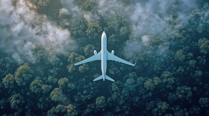Naklejka premium Airplane Flying Over Forest Landscape with Clouds