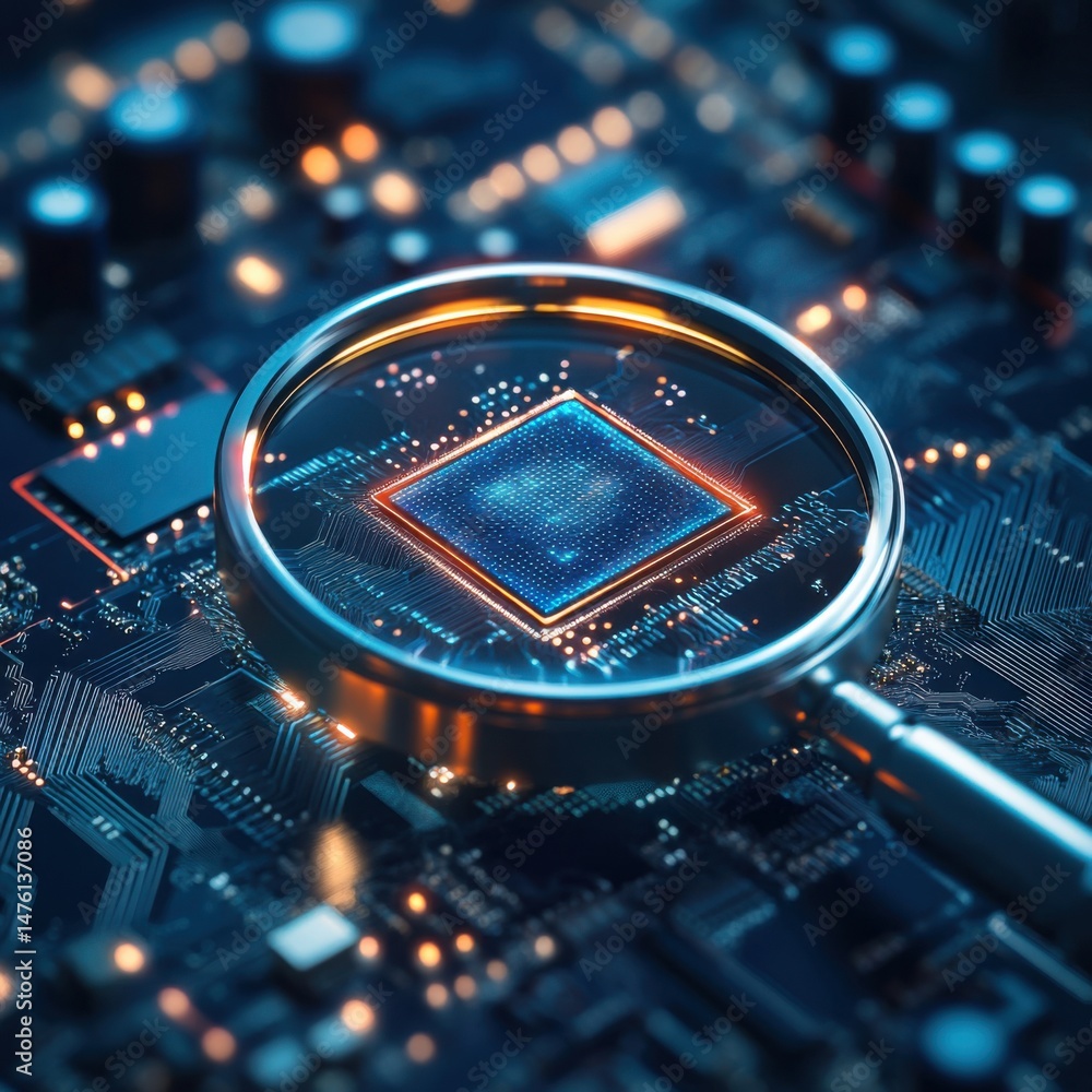 Aufkleber magnifying glass over computer chip on circuit board close up abstract technology concept digital ag