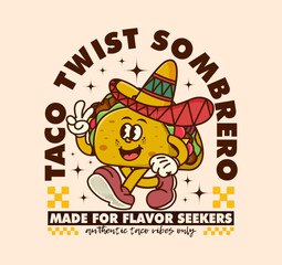 Colorful retro cartoon taco character wearing a sombrero. Perfect for print designs, t-shirts, posters, and merchandise. Vector illustration