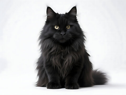 Majestic long-haired black cat with yellow eyes sitting on plain light background in studio portrait