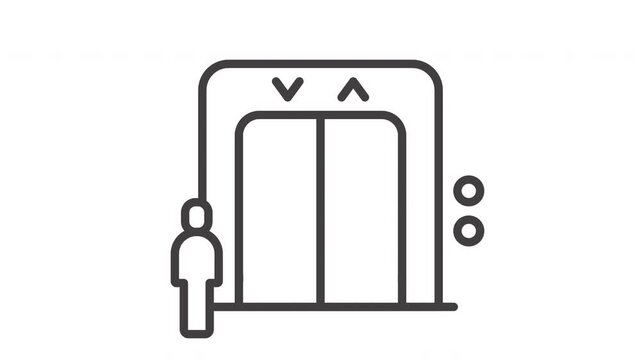 Animated line drawing of a person in an elevator ascending