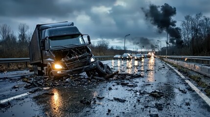 Truck accident on highway chaos unfolds amid smoke and rainy conditions real-time incident photography