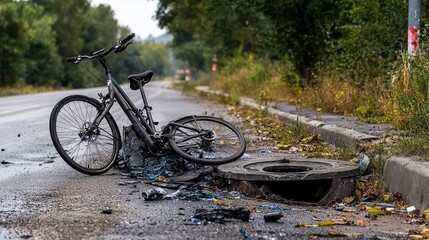 Cyclist accident scene urban street photography sad environment close-up safety awareness