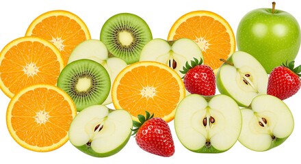Fresh Fruit Slices of Orange, Apple, Strawberry, Kiwi