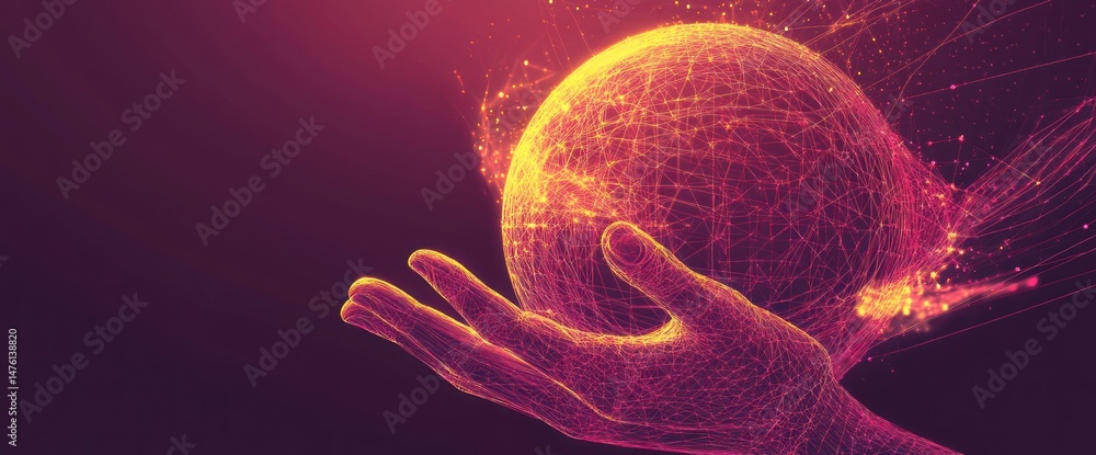 Wall mural illuminated digital sphere hovering over hands conveying technology power and global network future 