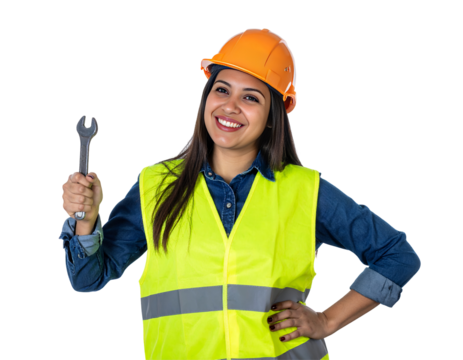 A cheerful woman sports an orange hard hat and bright yellow safety vest holding a silver wrench