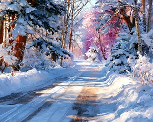 Relaxing hot spring bath in a snowy Japanese mountain landscape A serene winter scene with a snow-covered road lined by trees, showcasing a peaceful beauty and tranquil ambiance in a snowy landscape.