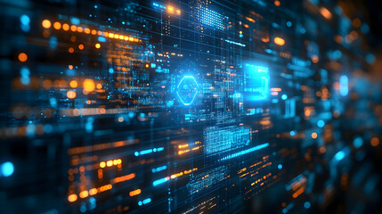 Abstract digital data stream visualization with glowing lines, hexagons, and numbers, suggesting complex information flow and technological advancement