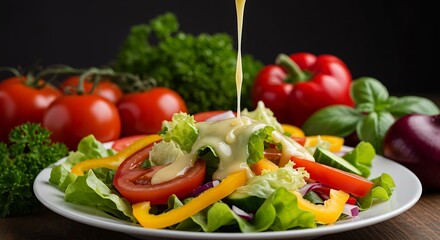 Fresh Salad Being Dressed with Creamy Dressing