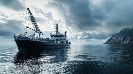 Naklejka premium Fishing vessel navigating calm waters near rocky coastline in dramatic cloudy atmosphere