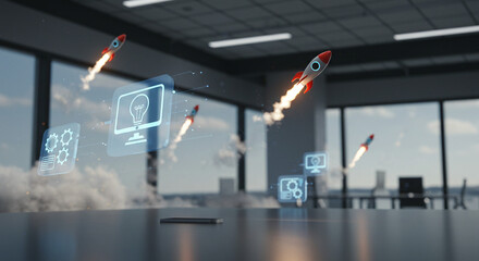 Symbolic representation of business success through technology and innovation, with rockets symbolizing project launches and achievements.