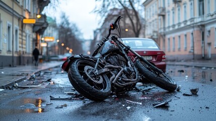 Motorcycle accident scene in urban area wreckage and debris gloomy weather dramatic perspective for awareness