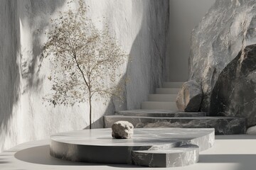 Minimalist Stone Podium with Tree and Stairs, Soft Lighting, Modern Product Display, Abstract Architectural Scene