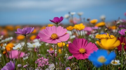 Vibrant cosmos flowers blooming abundantly in a colorful field under the sky