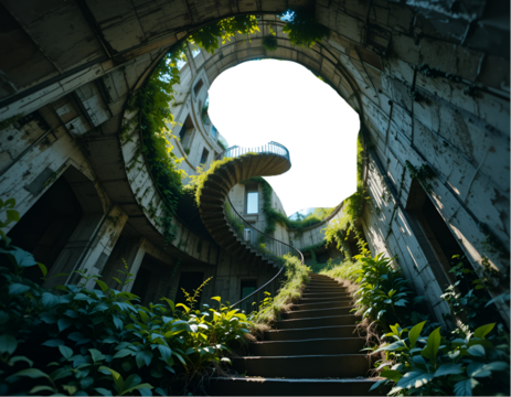 Climbing the Spiral Staircase in Overgrown Building Ruins