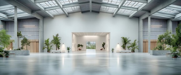 Modern, spacious hall with glass roof, plants, and minimalist design. Interior architecture