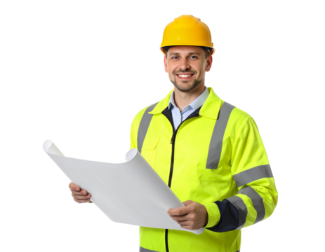 Smiling man in yellow hard hat and reflective jacket holds rolled white plans