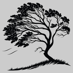 a tree bending under strong winds silhouette vector design art and illustration