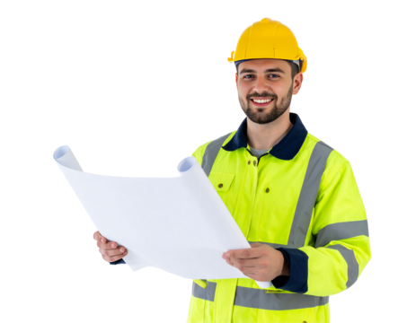 Smiling man in yellow safety gear holds blueprints against black background