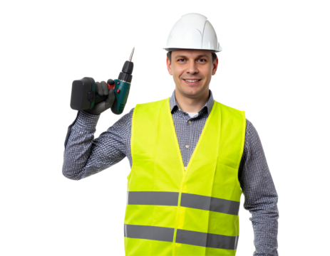 Smiling worker in a hard hat and safety vest holds a cordless drill against a black backdrop
