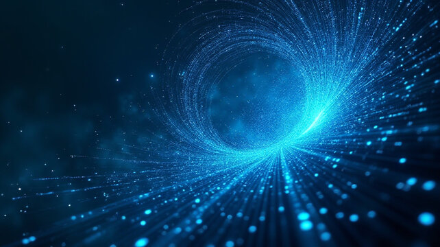 A swirling vortex of neon blue and cyan code fragments