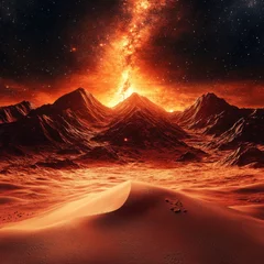 Dramatic landscape of a desert planet with mountains and a fiery nebula in the sky cosmic view