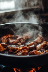 Close up of mushrooms and chicken cooking in a pan on a stove with steam rising in a kitchen setting
