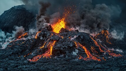 Volcanic eruption spectacle island location natural phenomenon dramatic environment aerial viewpoint earth&rsquo;s might