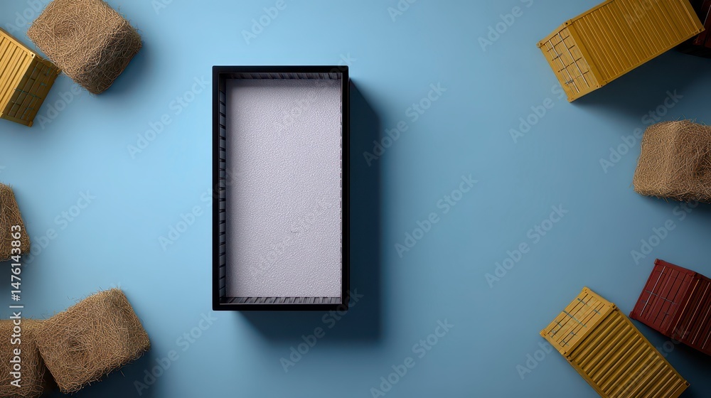 Poster empty container surrounded by hay bales and shipping containers