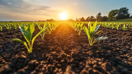 Young Corn Plants at Sunset: Rows of vibrant young corn plants sprout from dark, rich soil, bathed in the golden light of a setting sun, promising a bountiful harvest.