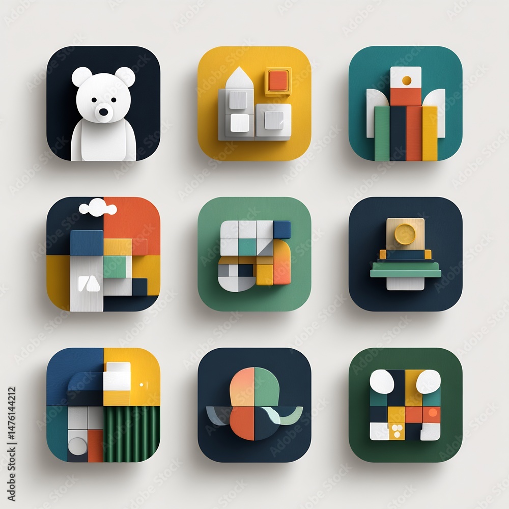 Poster colorful and diverse app icons featuring unique and abstract designs in playful style