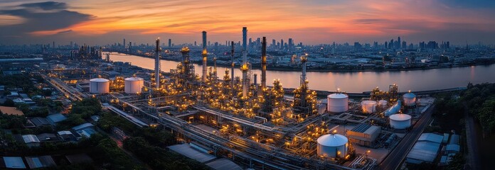 Naklejka premium Sunset Panorama of Industrial Refinery Complex near Cityscape