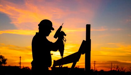 Fototapeta premium Silhouette Of A Construction Worker With Tools At Sunset