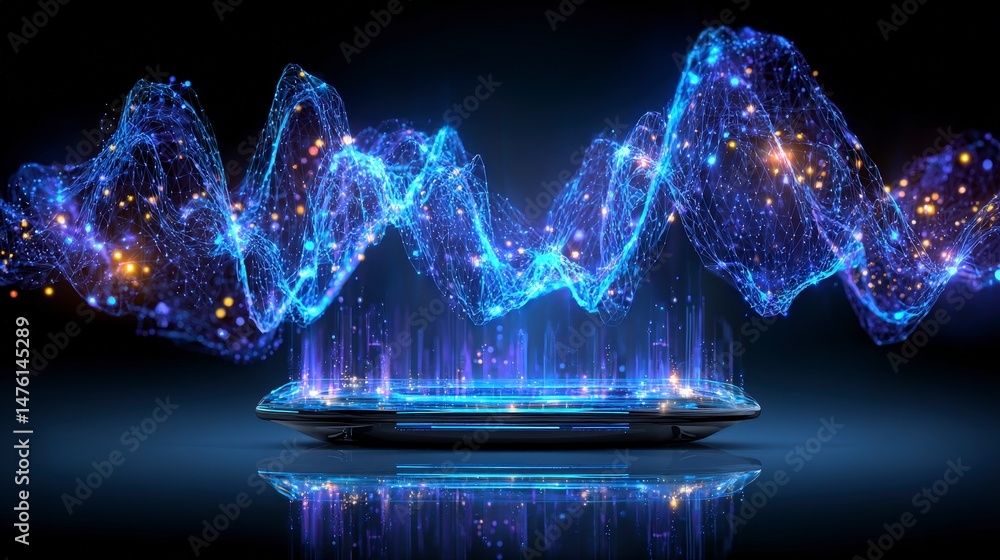 Poster futuristic abstract wave digital data flow on smartphone