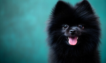 Obraz premium Adorable black Pomeranian puppy with its tongue out, against a teal background. Perfect for pet, animal, or dog-themed projects.