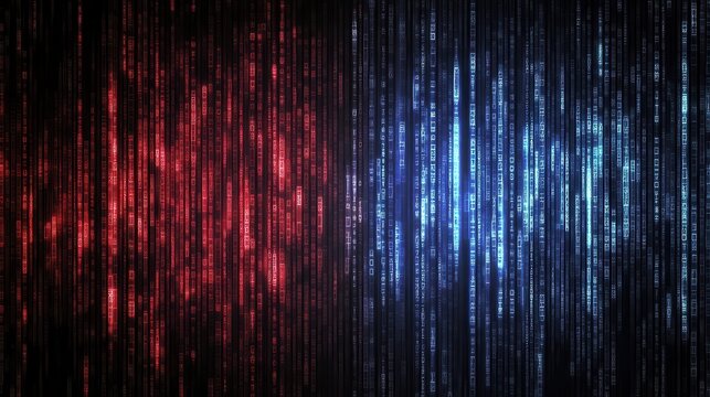 Abstract digital code stream binary data flow red and blue glowing lines technology background