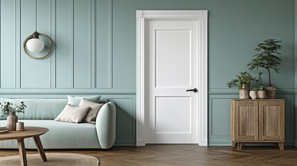 Interior design of a living room with a white door.