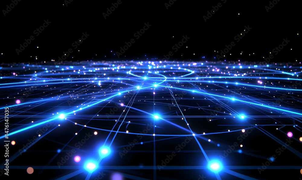 Poster abstract digital network, glowing lines and nodes forming a futuristic cityscape. perfect for techno
