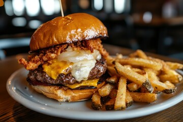 detailed image of front view burger and fries on plate