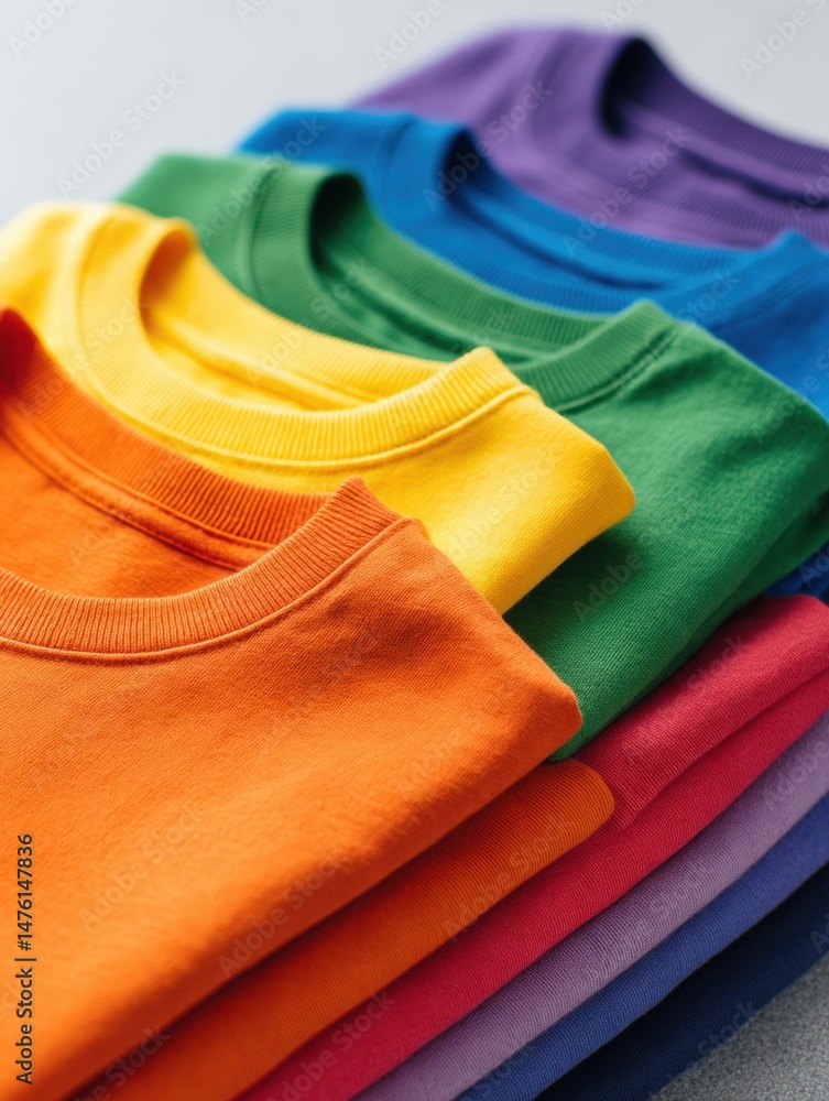 Poster Vibrant Folded Sweat-Resistant T-Shirts Displayed in a Side Margin Open Position, Showcasing a Colorful Array Suitable for Active Wear Enthusiasts