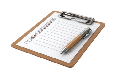 a checklist and pen on a clipboard isolated, transparent background	
