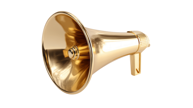 golden megaphone for public speaking, announcement and communication isolated, transparent background	